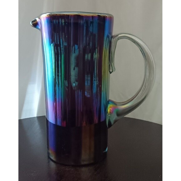 Iridescent Amethyst Carnival Glass Pitcher, Cylindrical, Handmade Blown Vintage